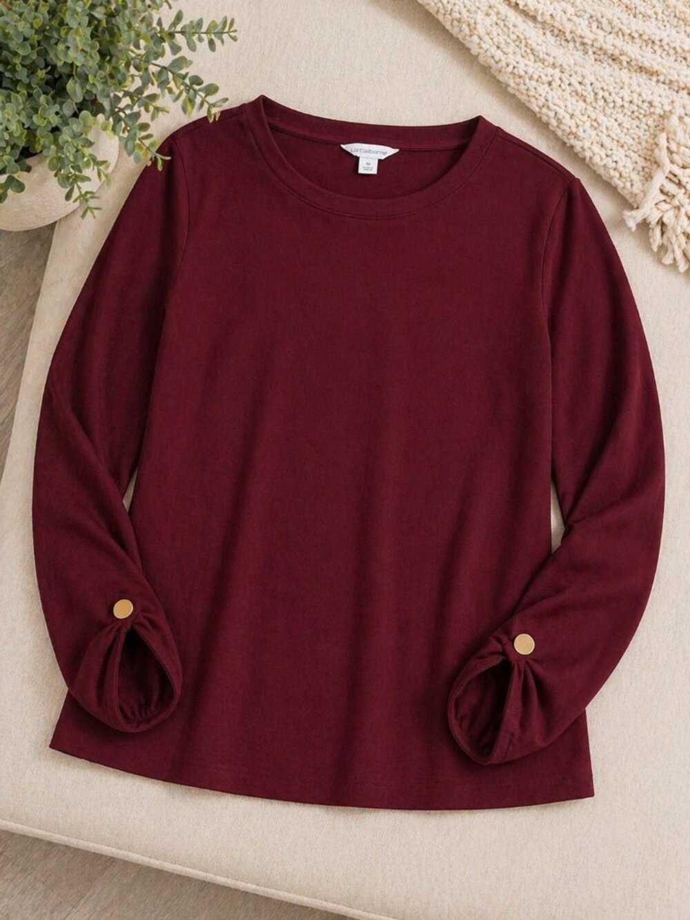 Women's Liz Claiborne Burgundy Blouse/Top with Roll Tab Sleeves | Size Medium